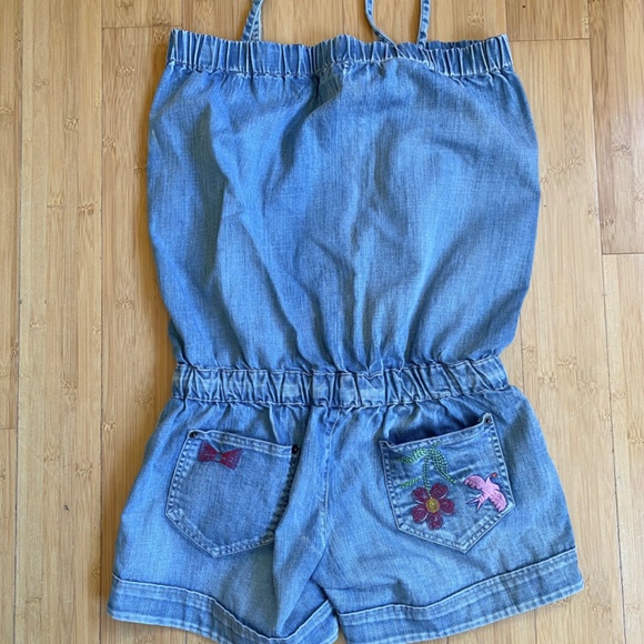 ScoLar Embroidered Blue Denim Romper Waist Elastic Women's M Bunny Flowers Cute! - Picture 2 of 13